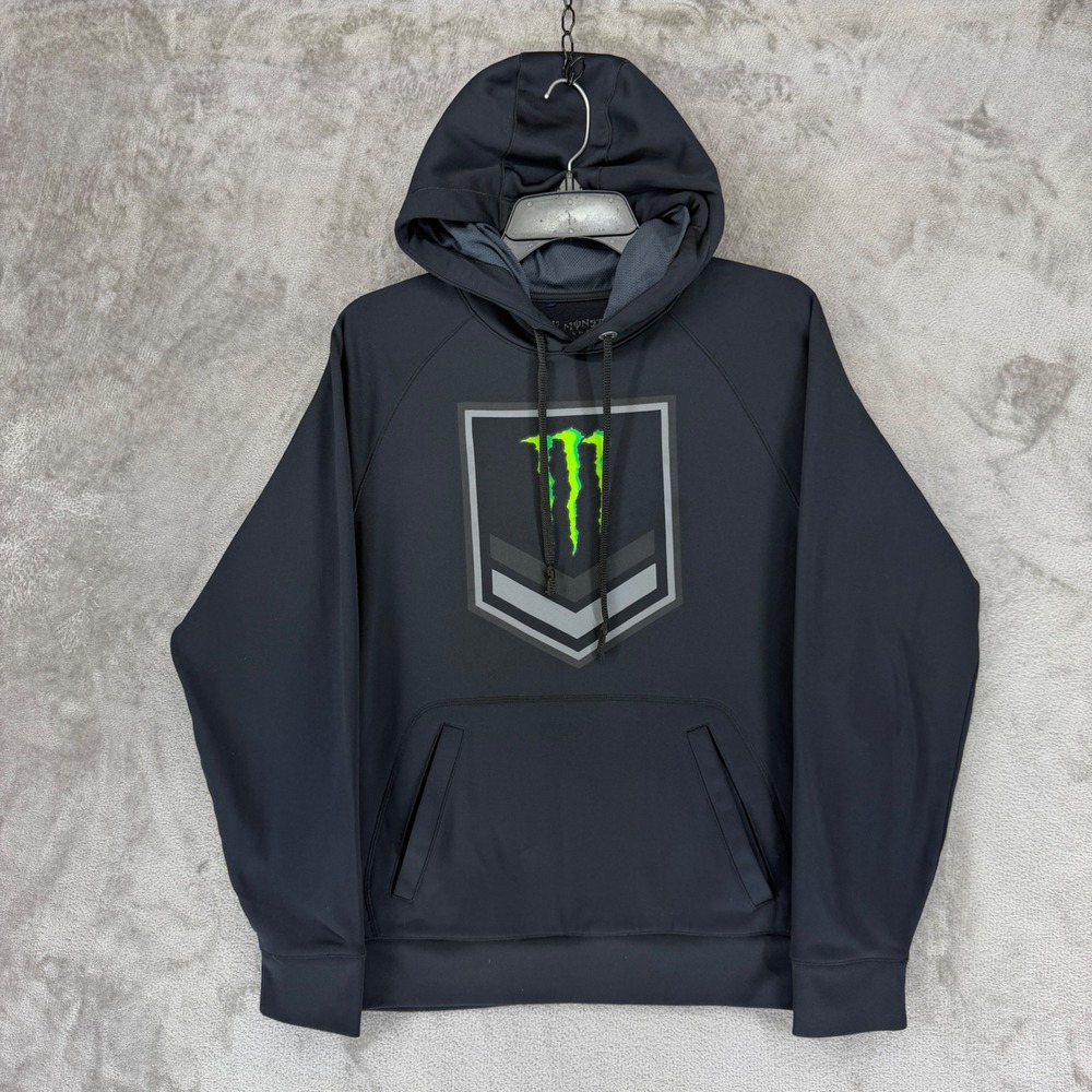 Monster Energy Hoodie Mens Small Black Graphic Shield Logo Pullover Sweatshirt